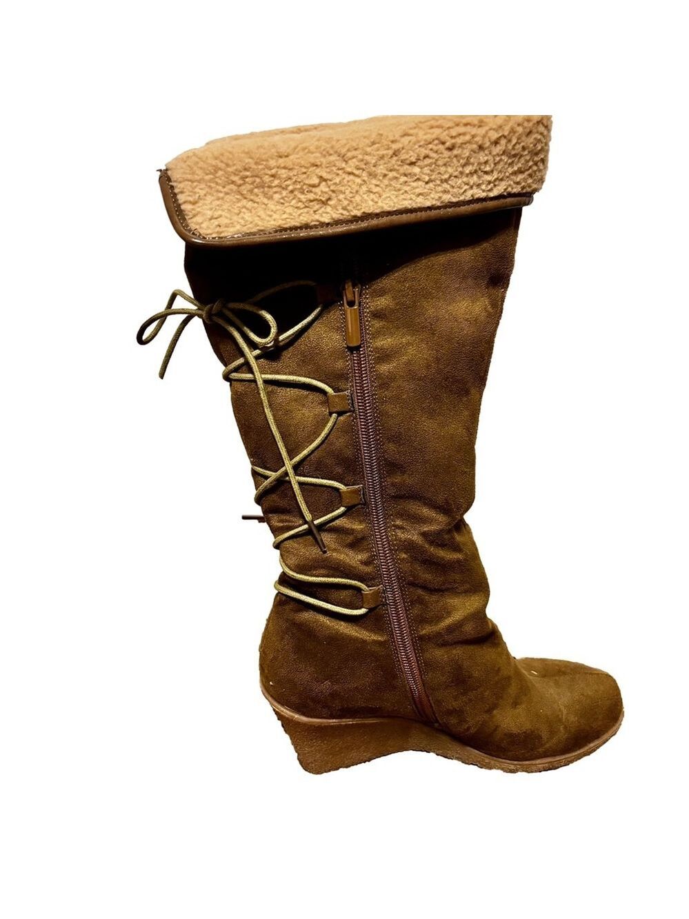 Light Brown Lace Up Zipper Wedge Boots - Picture 7 of 15